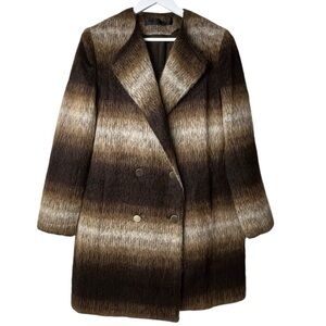Jenni Kayne Women’s Pea Coat Wool Alpaca Mohair Jacket Button Brown Stripe SZ M